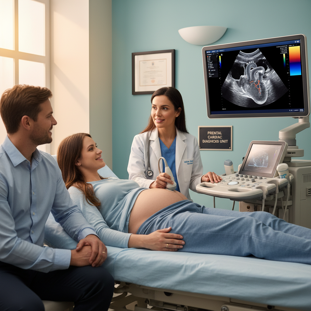 Hình ảnh bác sĩ thực hiện siêu âm tim thai cho bà bầu để phát hiện sớm dị tật tim bẩm sinh.
