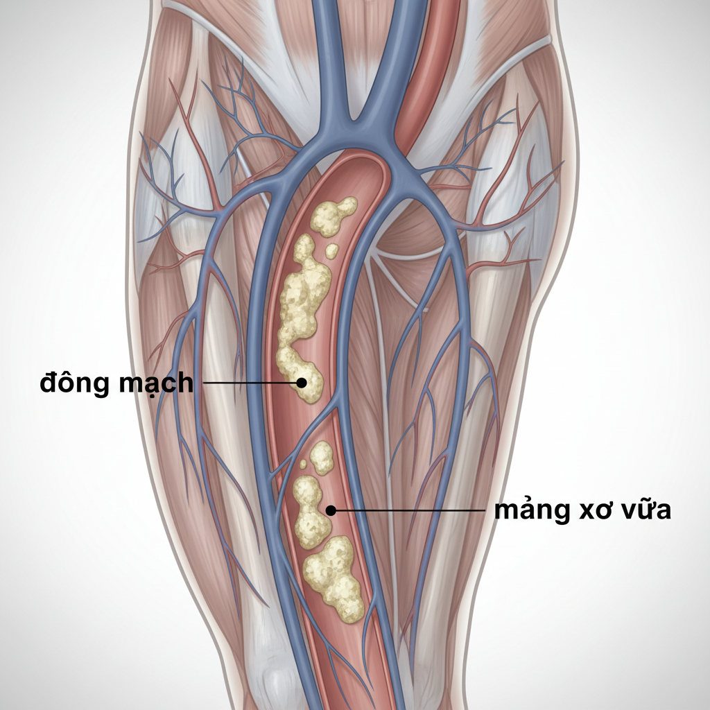 Hình minh họa động mạch bị hẹp do mảng xơ vữa gây đau cách hồi