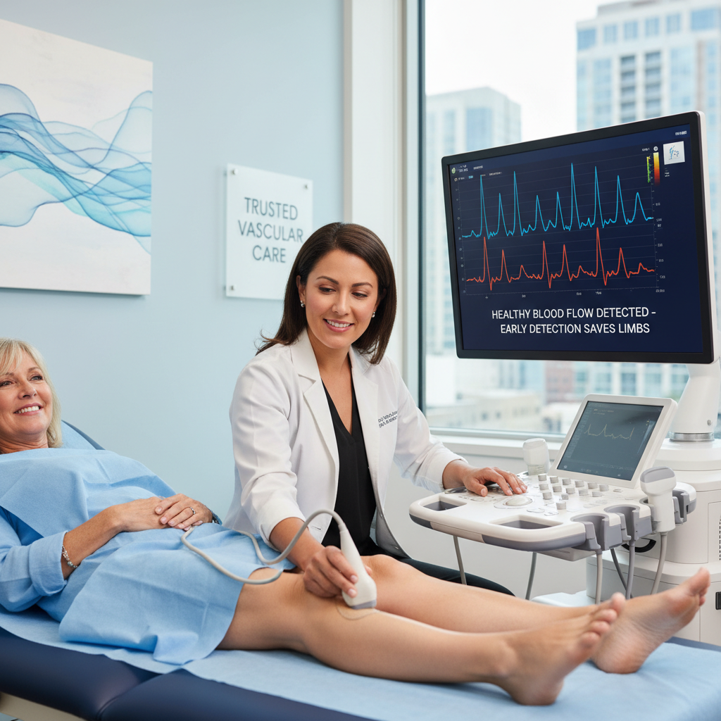Hình ảnh bác sĩ kiểm tra lưu lượng máu bằng siêu âm Doppler
