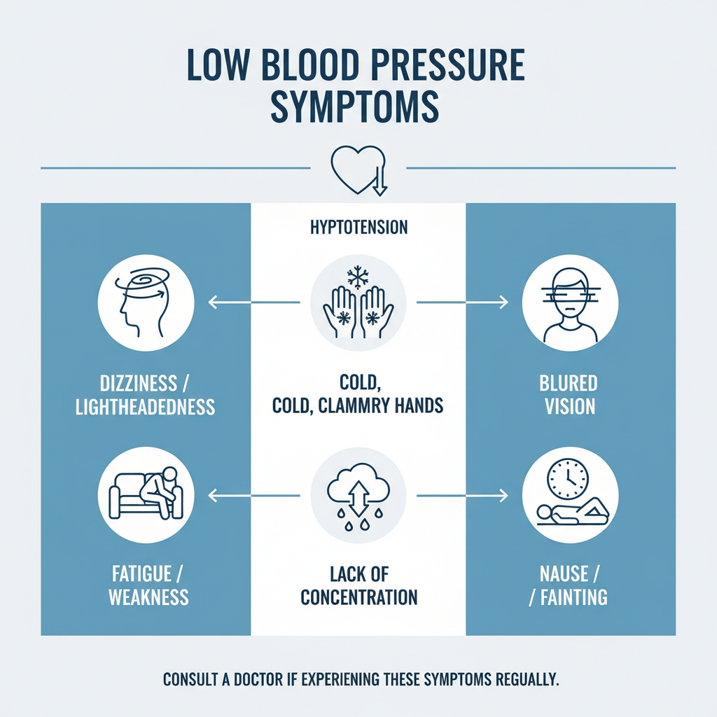 Infographic về các triệu chứng phổ biến của huyết áp thấp như chóng mặt và mệt mỏi