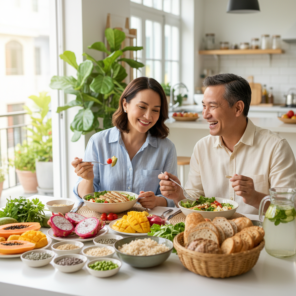 Hình ảnh lối sống lành mạnh với bữa ăn giàu dinh dưỡng cho sức khỏe tim mạch