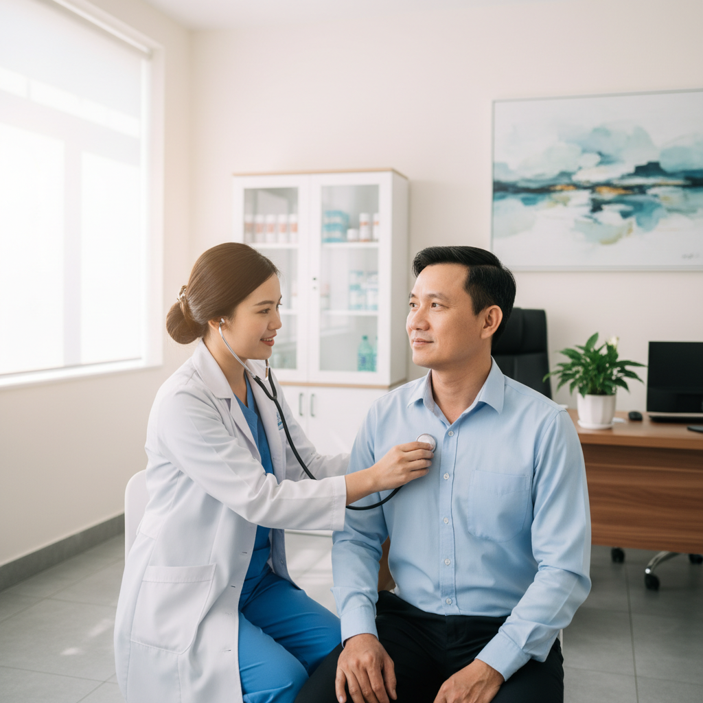 Hình ảnh bác sĩ kiểm tra tim mạch cho bệnh nhân tại phòng khám hiện đại