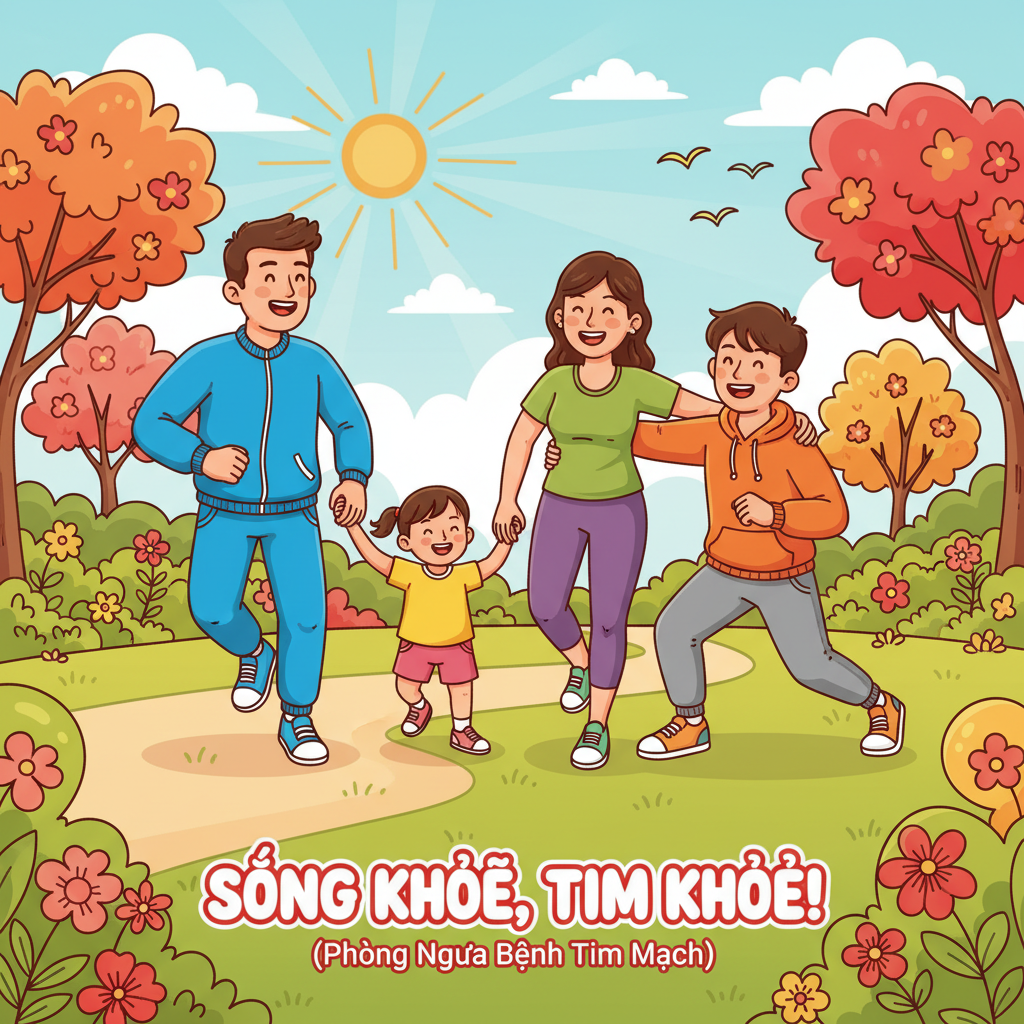 Hình minh họa gia đình vận động thể chất để phòng ngừa bệnh tim mạch