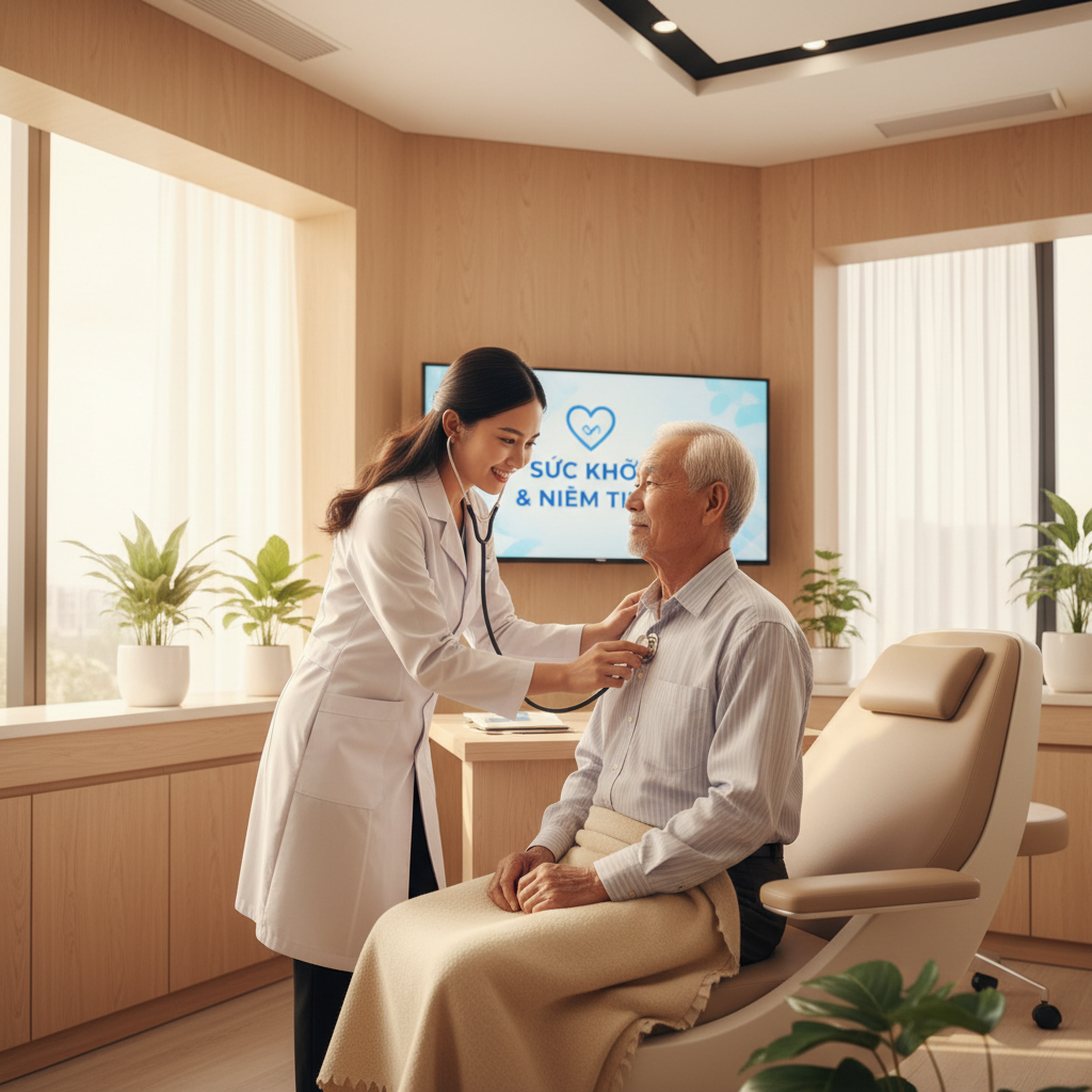 Bác sĩ kiểm tra tim cho bệnh nhân bằng ống nghe tại phòng khám