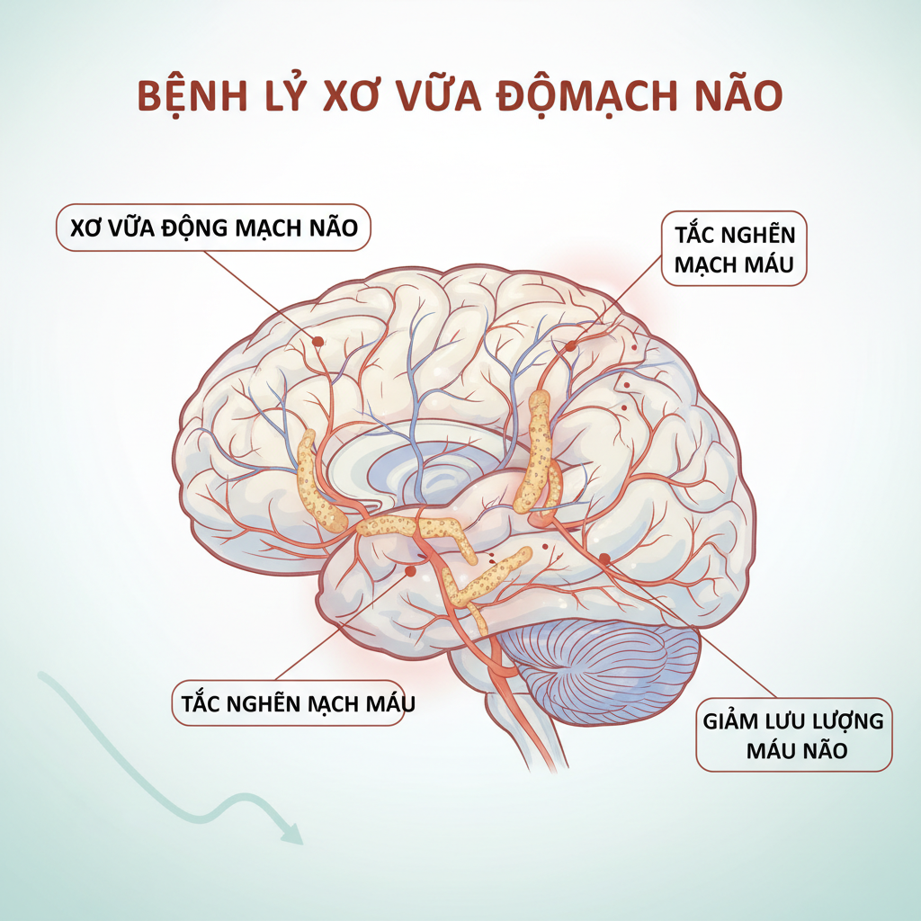 Hình minh họa não bộ với mạch máu bị tắc nghẽn do xơ vữa động mạch