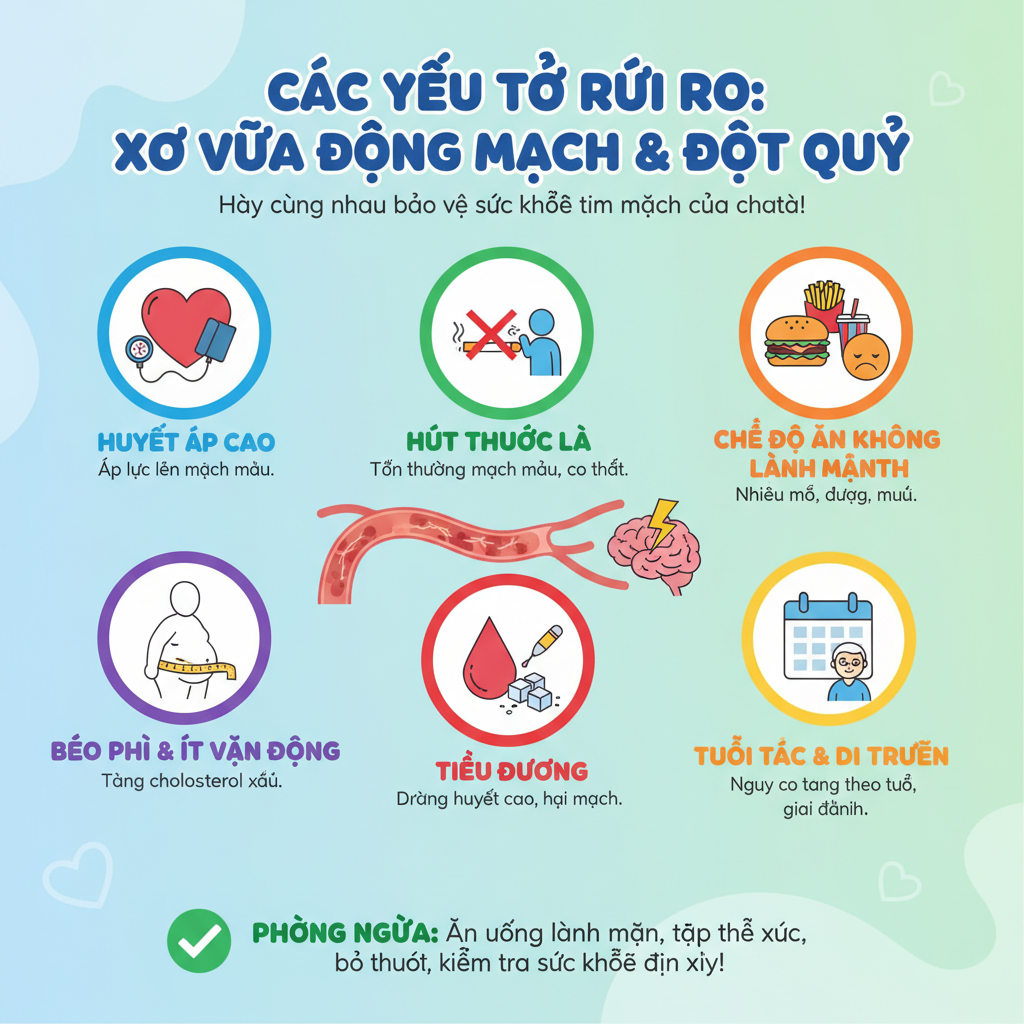 Infographic các yếu tố nguy cơ gây xơ vữa động mạch và đột quỵ