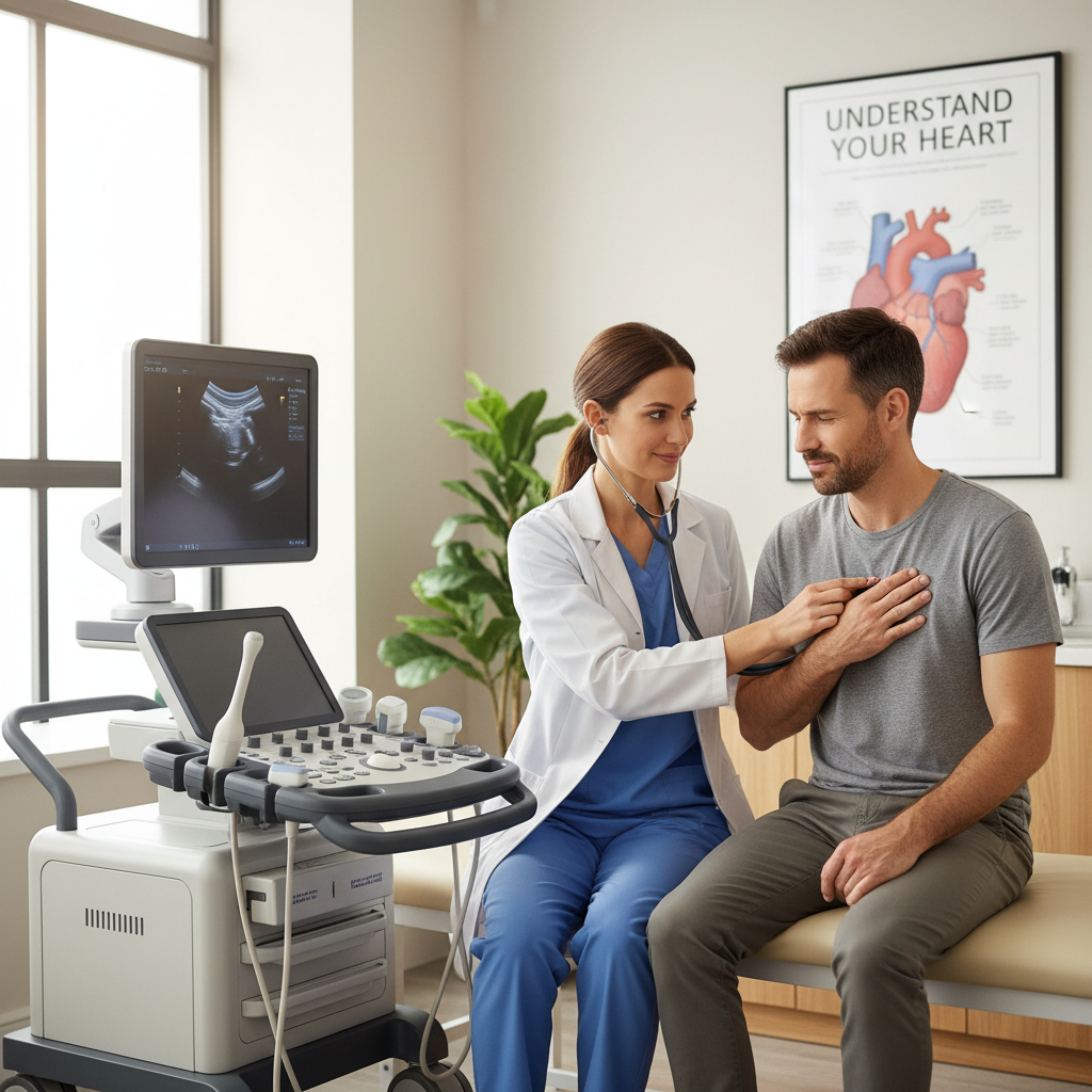 Hình ảnh bác sĩ thăm khám bệnh nhân bị đau ngực tại phòng khám hiện đại