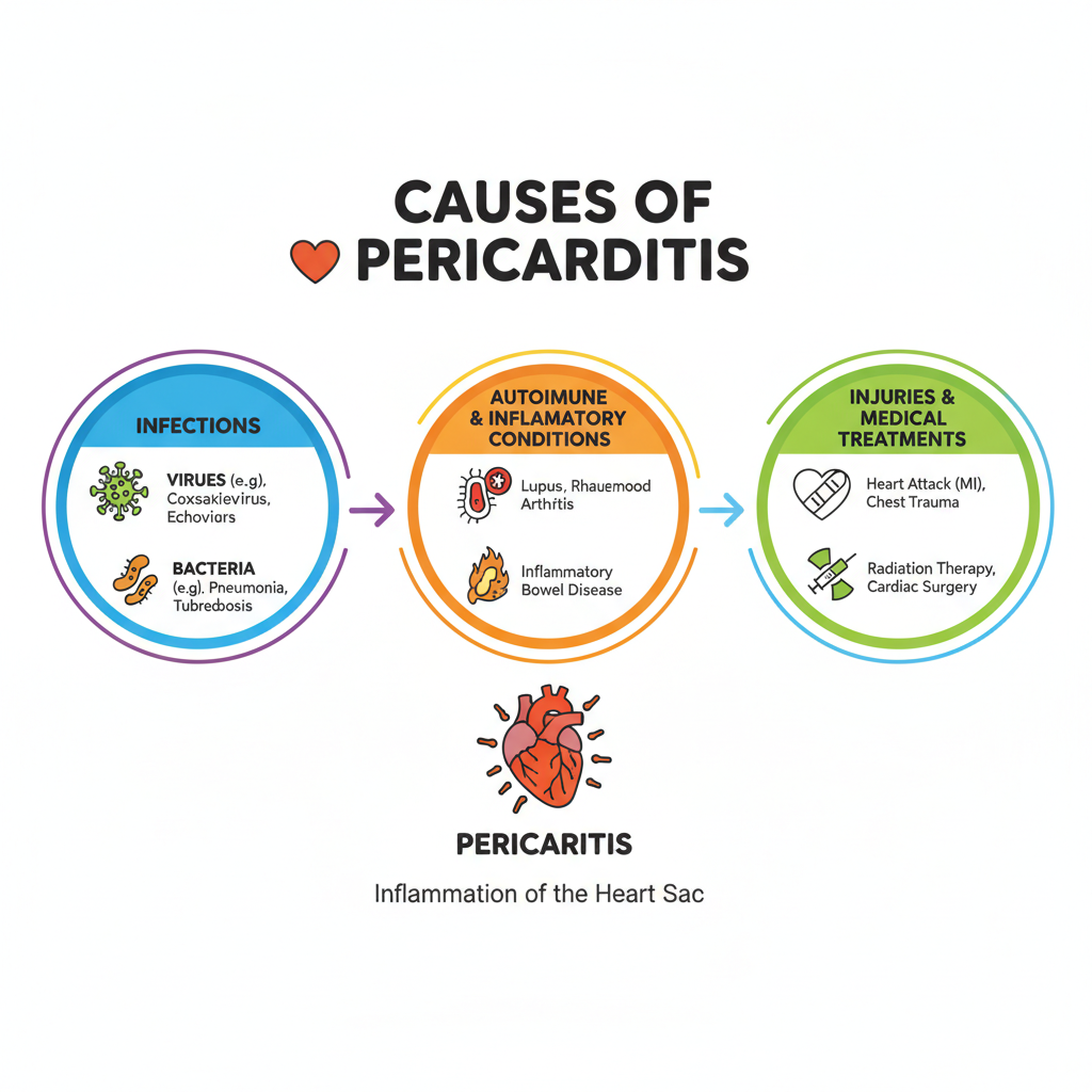Infographic về các nguyên nhân gây viêm màng ngoài tim cấp như virus, vi khuẩn và chấn thương.