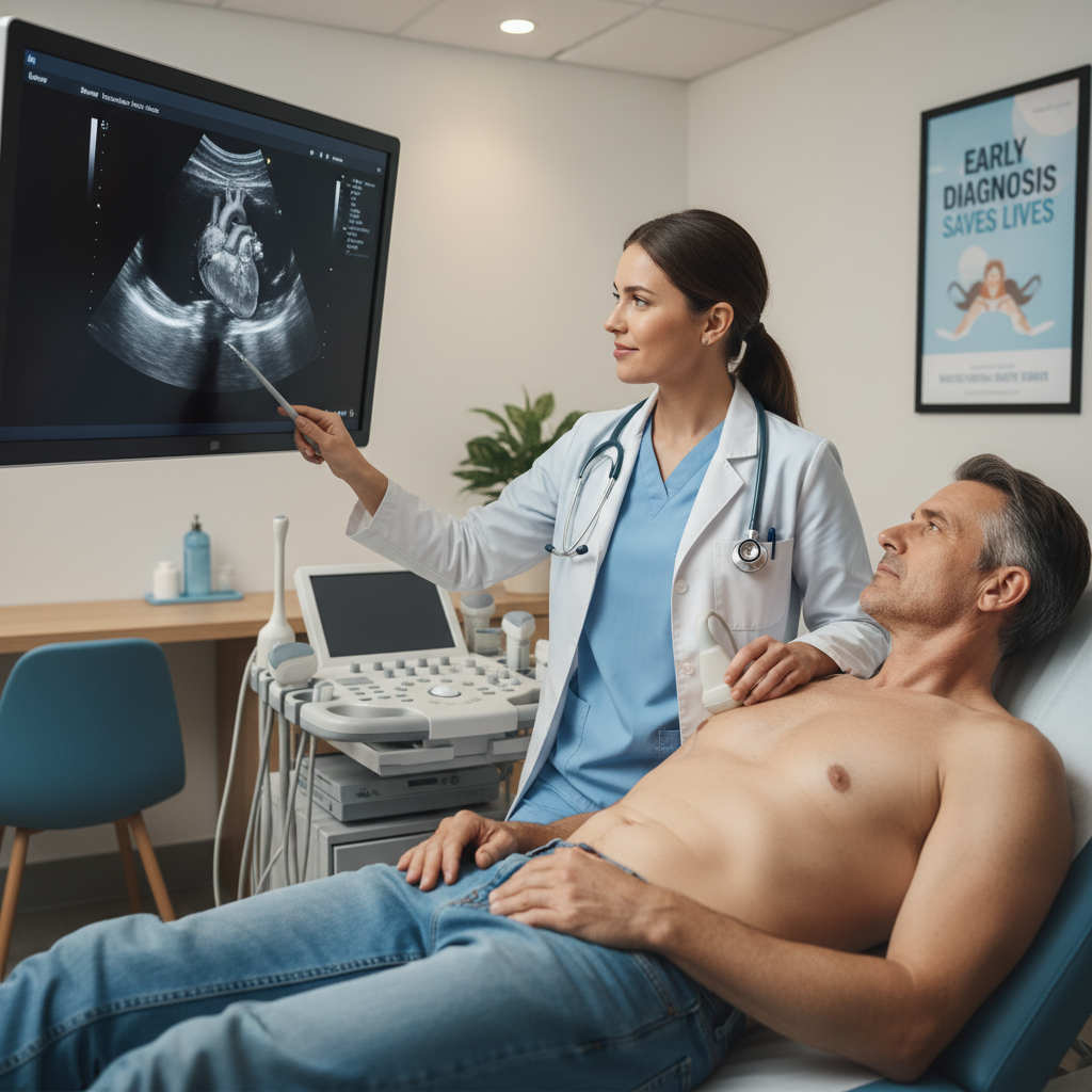 Hình ảnh bác sĩ thực hiện siêu âm tim cho bệnh nhân để kiểm tra tràn dịch màng ngoài tim, thể hiện tầm quan trọng của chẩn đoán sớm.