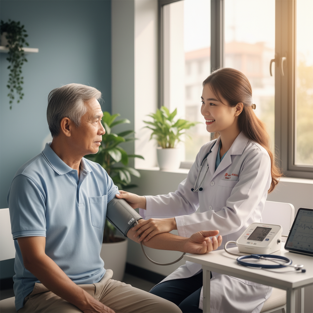 Bác sĩ kiểm tra huyết áp cho bệnh nhân tại phòng khám hiện đại