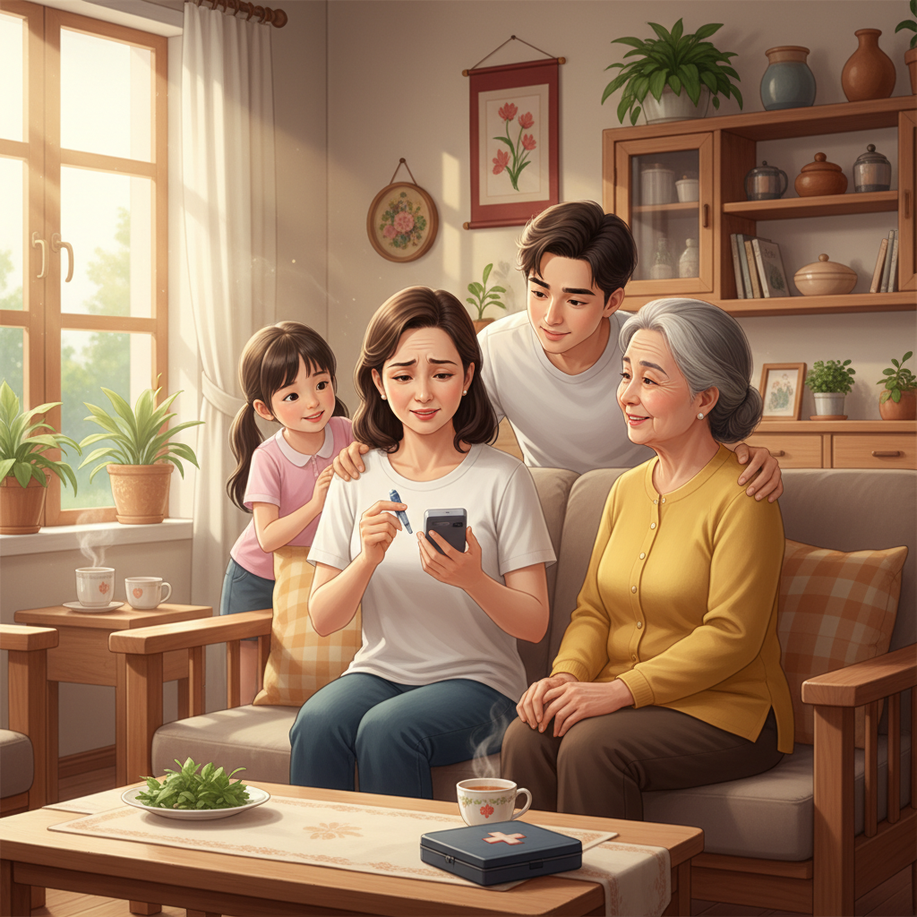 Người lớn Việt Nam kiểm tra đường huyết tại nhà với sự hỗ trợ của gia đình