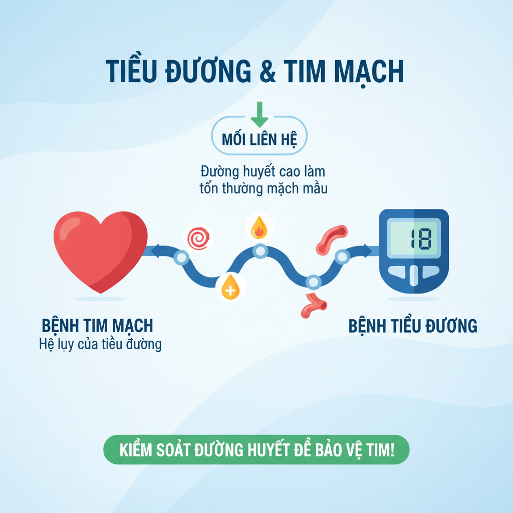 Infographic minh họa mối liên hệ giữa tiểu đường và bệnh tim mạch