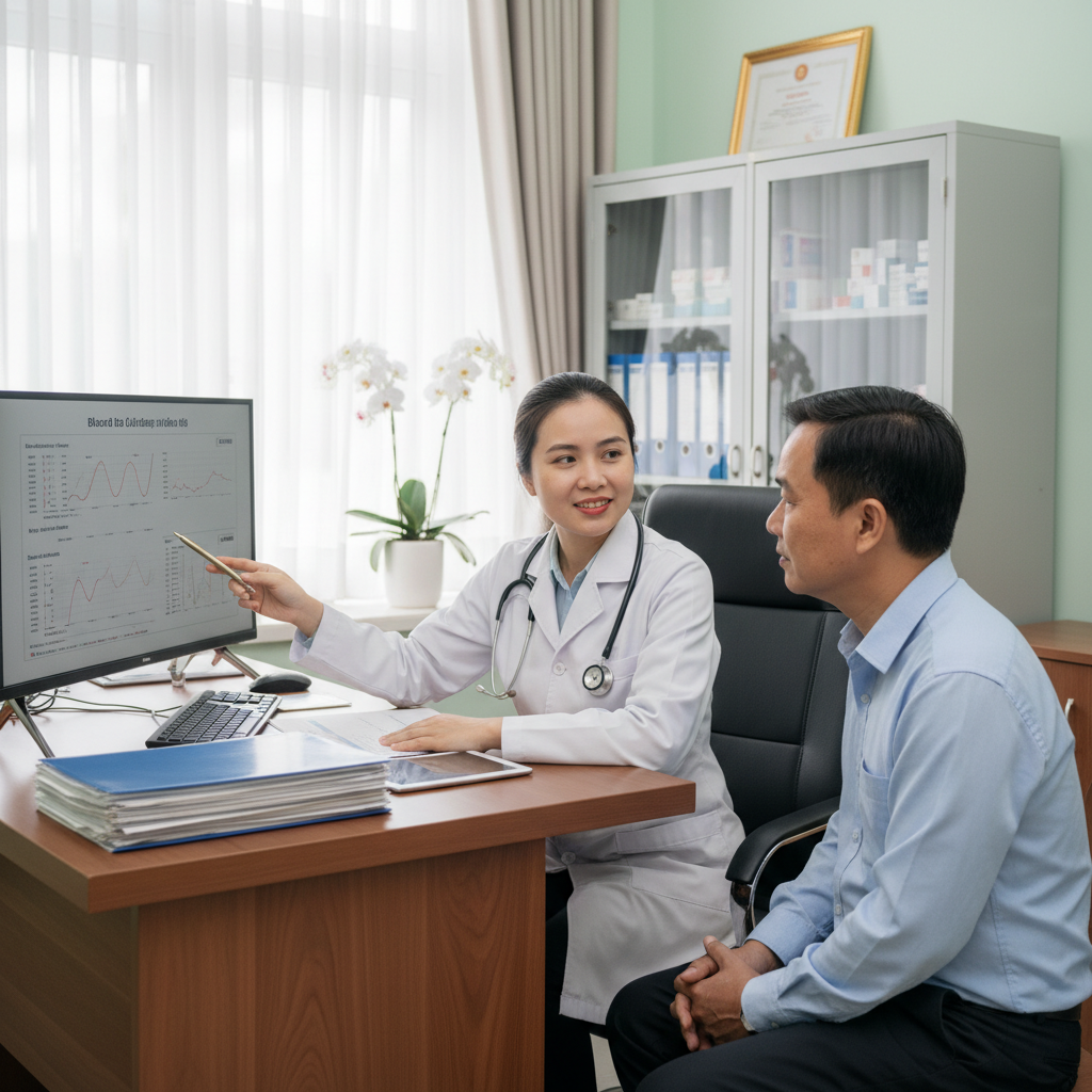 Bác sĩ tư vấn kết quả xét nghiệm tiểu đường cho bệnh nhân tại phòng khám