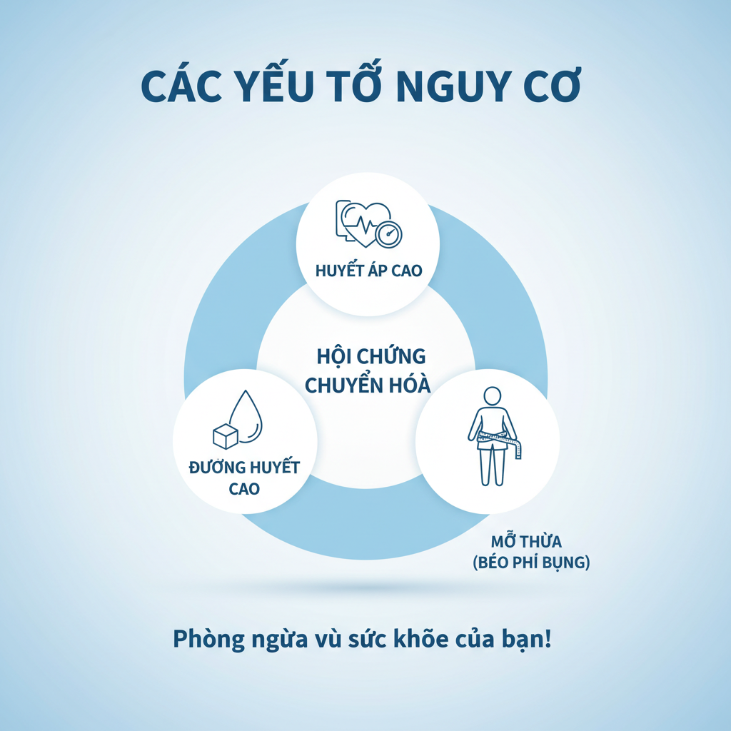 Infographic về hội chứng chuyển hóa với các biểu tượng và thông tin bằng tiếng Việt, giải thích huyết áp cao, đường huyết cao và mỡ thừa