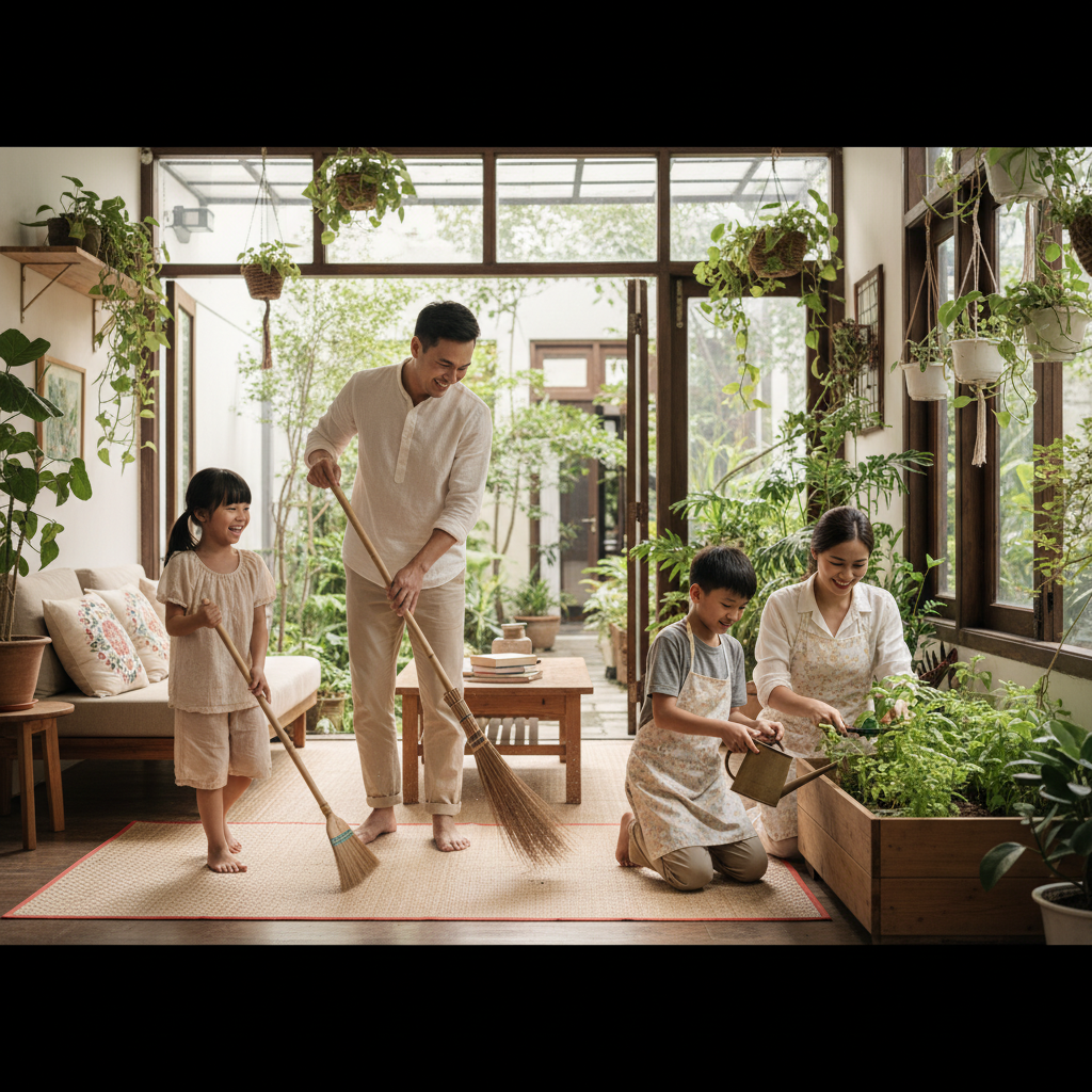 Gia đình Việt Nam vui vẻ làm việc nhà cùng nhau, thể hiện vận động thể chất trong cuộc sống hàng ngày