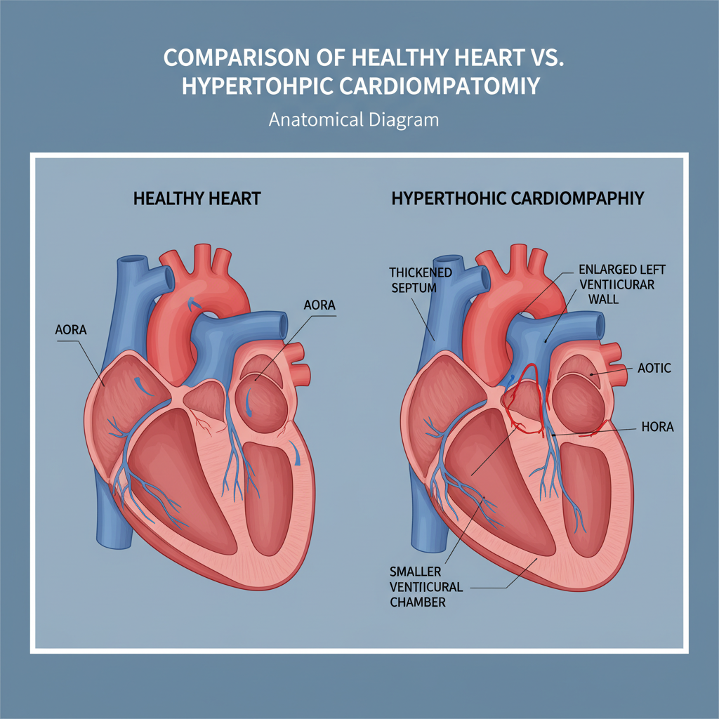 Sơ đồ giải phẫu một trái tim khỏe mạnh với bệnh cơ tim phì đại.